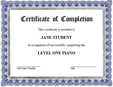 Certificate of Completion with blue and silver metallic border on white paper