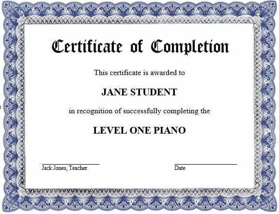 Certificate of Completion with blue and silver metallic border on white paper