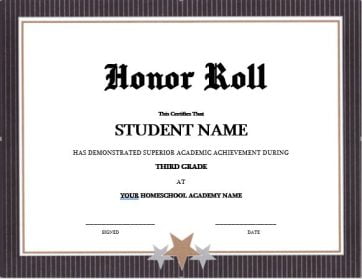 Honor Roll Certificate on three star paper with white background