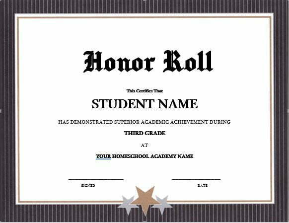 Honor Roll Certificate on three star paper with white background